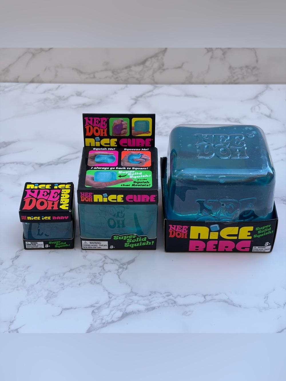 Lot of 3: Needoh Nice Ice Baby, Nice Cube, Nice Berg Super Solid Squish! Blue